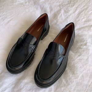 Reformation Agathea Chunky Loafer Leather Patent Shiny Platform Shoes Black